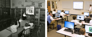 nun, slide projector and twenty-first century classroom with computers