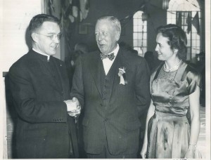 Bruce and Dorothy Abts Mohler at a formal event with an unnamed priest in 1949, the same year of their marriage. Though they had no children, they left a formidable financial and archival legacy. Photograph from the Dorothy Abts Mohler Papers, ACUA.