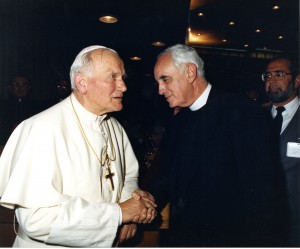 Pope John Paul II greets Msgr. McManus late in both their lives, McManus Papers, ACUA.
