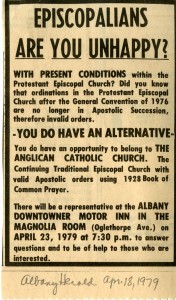 “Episcopalians, Are You Unhappy?” Advertisement appealing to discontent within traditional Anglican circles, 18 April 1979, Albany Herald. James Parker Papers, The Catholic University of America (CUA).