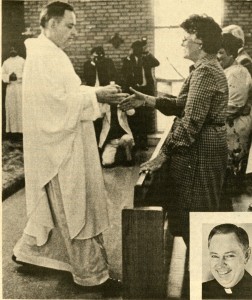 Mary Alma and James at Mass, “Mary Alma receives the Sign of Peace from her husband, 30 June 1982, The Leaven, ” James Parker Papers, The Catholic University of America (CUA).