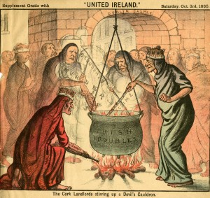 “The Cork Landlords Stirring up a Devil’s Cauldron.” United Ireland, October 3, 1885. From the Irish Home Rule Political Cartoon Collection, American Catholic History Research Center and University Archives.