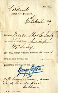 Prison Pass, April 6, 1869. Thomas C. Luby Papers, American Catholic History Research Center and University Archives.