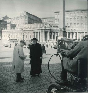 O’Connor was not afraid to get in front of the camera. Filming in St. Peter’s Square for the CBS Series, Person-to-Person, 1960.