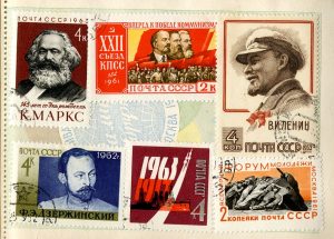 A page from James Magner’s collection of Soviet stamps.