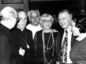 Archbishop Fulton J. Sheen is pictured in this undated photo with Rev. Gilbert Hartke, O.P., founder of Catholic University's speech and drama department; Clare Boothe Luce, playwright and former congresswoman from Connecticut and U.S. ambassador to Italy; and Clarence Walton, who served as president of the University from 1969 to 1978.