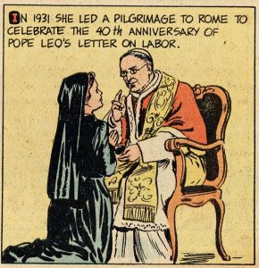 An excerpt relating to Bresette’s 1931 Pilgrimage to Rome from the story about her in the September 23, 1953 issue of the Treasure Chest of Fun and Fact comic book, America Catholic History Research Center and University Archives.