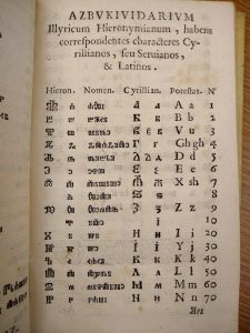 A page from the Azbukidarium, or an Alphabet of the St. Jerome's language, published in Rome in 1693. Part of the Clementine Linbrary (University Libraries, Rare Books).