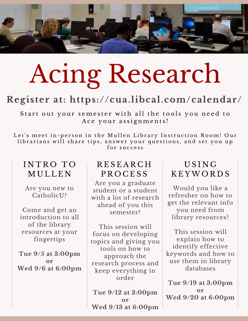 Flyer advertising the Acing Research workshops throughout September