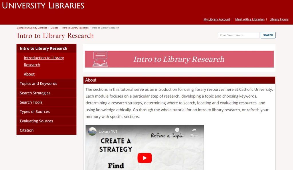 Screenshot of the landing page of the Intro to Library Research tutorial