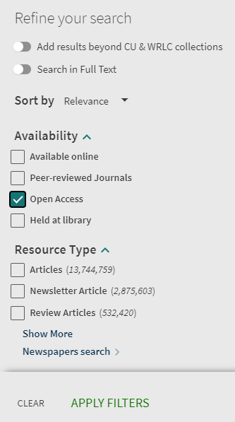 Screenshot of the filters on the search results page of SearchBox with the "Open Access" filter selected