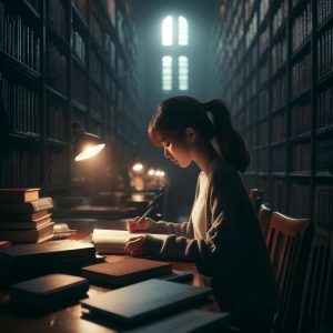 AI art: Female student studying in academic library with low light ambience
